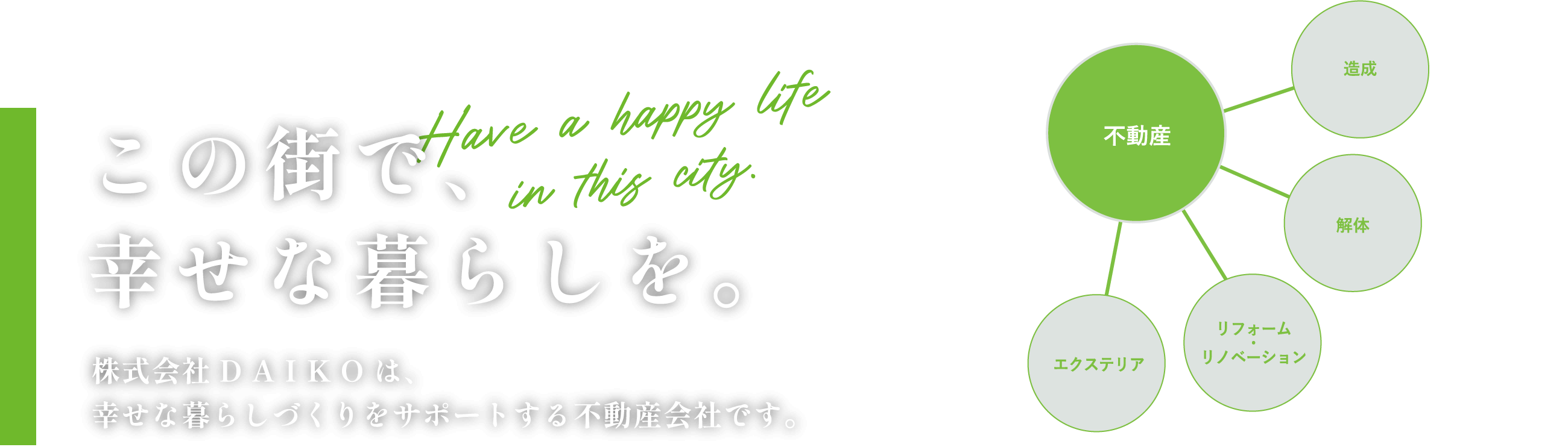 この街で、幸せな暮らしを。Have a happy life in this city.　株式会社DAIKOは、幸せな暮らしづくりをサポートする不動産会社です。